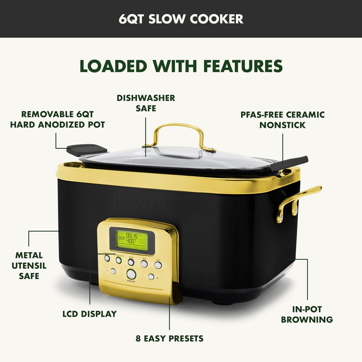 Elite 8-in-1 Programmable 6QT Electric Slow Cooker, Dishwasher Safe Lid & Removable Crock, PFAS-Free Healthy Ceramic Nonstick Multi-Cooker, Sear, Sauté, Brown, Steam Basket, Roast, Gold (6 Quarts / Gold)