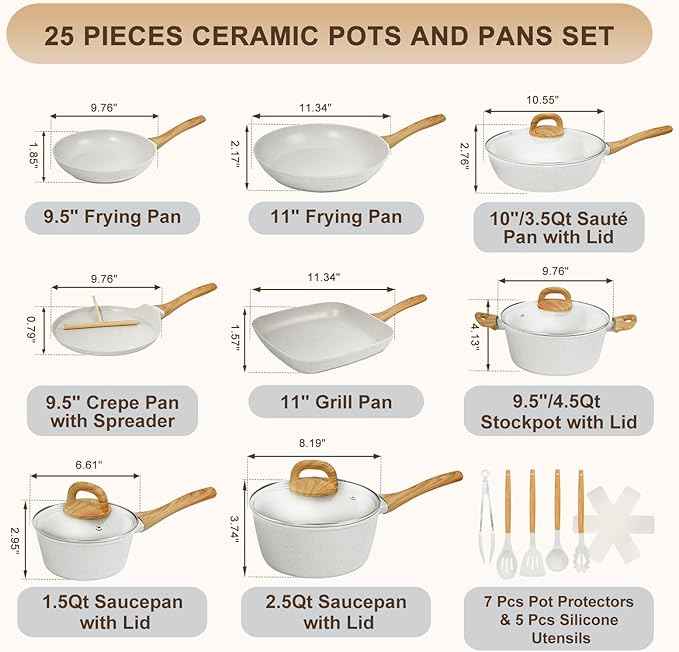 EWFEN Nonstick Pots and Pans Set, 25-Piece Ceramic Cookware Set, Induction Kitchen Cooking Set with Frying Pans Saucepans & Utensils, Healthy Non-toxic, PFAS/PTFE/PFOA Free, White