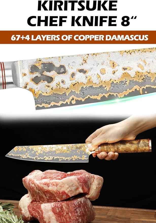 YOUSUNLONG Kiritsuke Chef Knife - 8 Inch Japanese Copper Damascus Steel Blade - Razor Sharp Kitchen Knives - Handmade Cooking Knife - Naturel Burl Wooden Handle with Leather