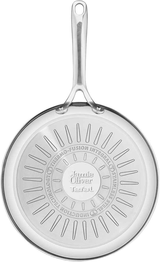 Jamie Oliver by T-fal Cook Smart 10-Piece Cookware Set, Uncoated Stainless Steel, Robust, Fast Heating, Even Cooking, Riveted Handle, Induction safe, Oven and dishwasher safe