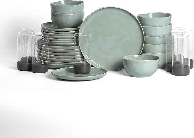 Stone Lain Mirella 32-Piece Dinnerware Set Stoneware, Borosilicate Glass, Light Green