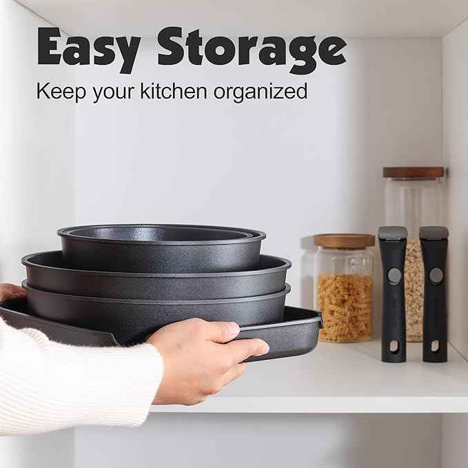 SENSARTE 17 Piece Pots and Pans Set, Nonstick Detachable Handle Cookware Set, Induction Kitchen Cookware Set with Removable Handle, Healthy Non Stick for RV, Dishwasher ＆ Oven Safe, PFOA Free (Black)