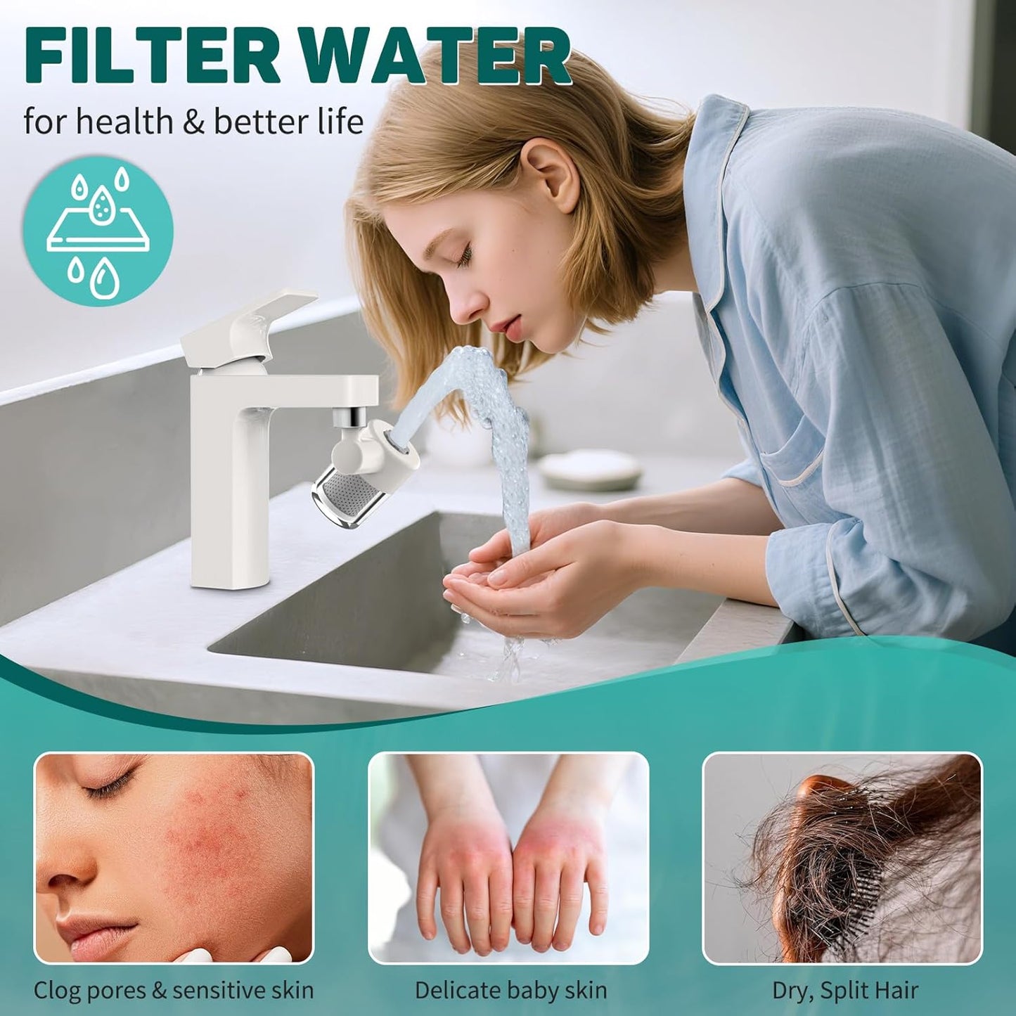CECEFIN Swivel Water-Filter for Sink-Faucet - Faucet Mount Water Filtration System, Carbon Purifier Reduces 99% Chlorine, Last 528 Gallons Tap Water, Fits Most Pull Out Kitchen/Bathroom/RV Faucets
