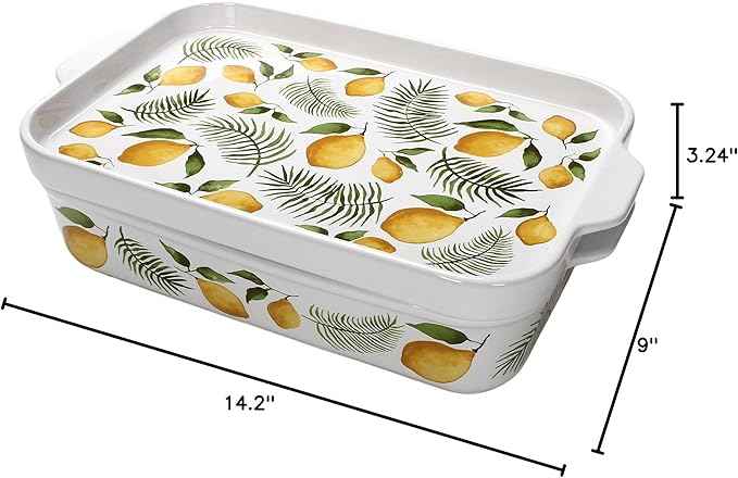 Temp-tations by Tara Baking Pans Set - 9x13" Set of 2 Lemons and Palm Bakeware Sets with Casserole Dish for Oven and Serving Dish for Lasagna, Pies, Meatloaf, Hand-Painted Ceramic Casserole Oven Pan