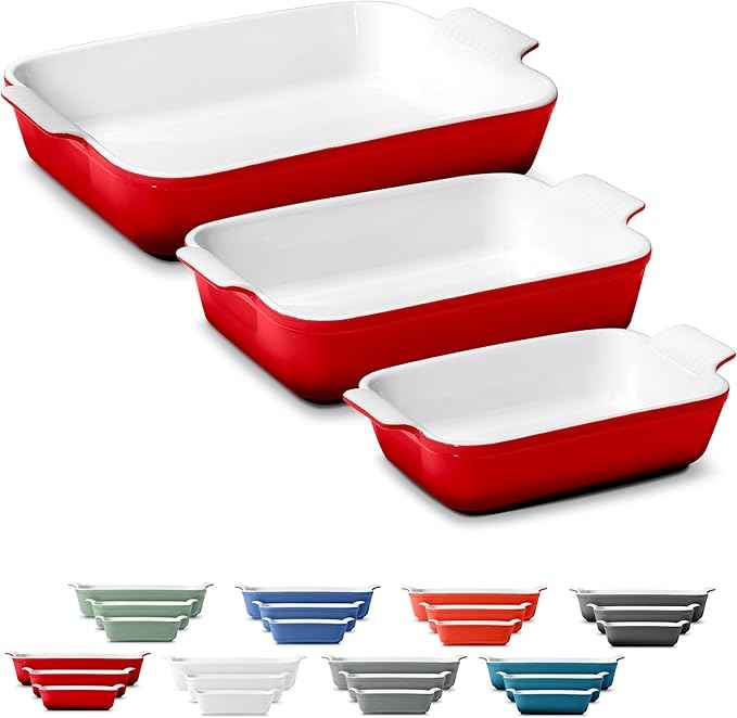 Stoneware Casserole Dish Bakeware Set of 3 | Rectangular Dinnerware Set with Handles [Deep Red]