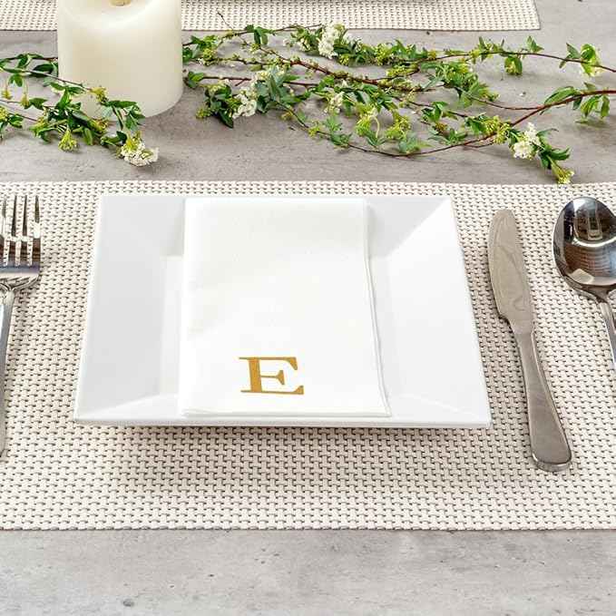 Luxenap 15.8 X 7.9 Inch Linen-Feel Guest Towels, 2000 Lettered Hand Towels - Gold Letter 'E', Sans Serif Font, White Paper Dinner Napkins, airlaid, For Restrooms And Tables - Restaurantware