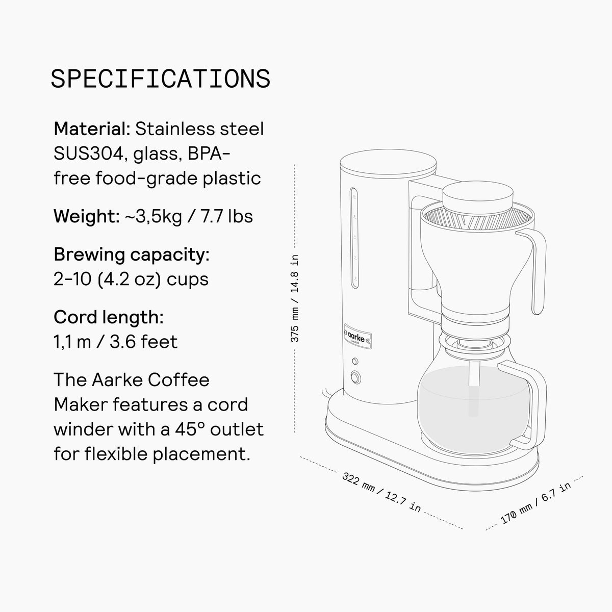 Drip Coffee Maker with 42oz Glass Carafe (Stainless Steel)