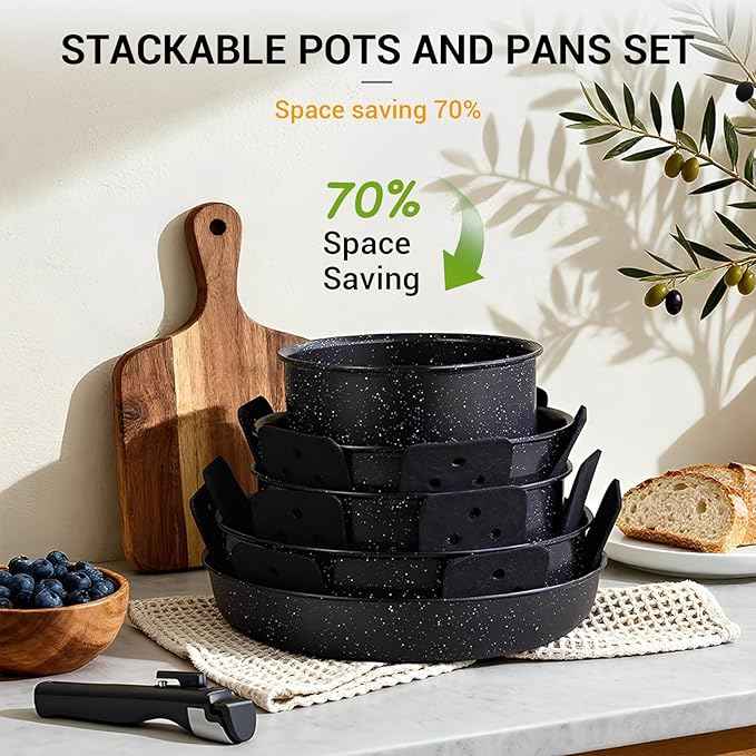 Ammeloo 21 Pcs Pots and Pans Set Non Stick, Ceramic Kitchen Cookware Set with Detachable Handle, Non Toxic Cooking Set for Kitchen, RV, Camping and Fridge, Induction Ready, Dishwasher/Oven Safe, Black