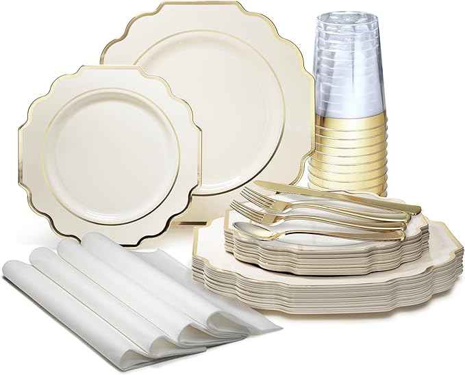 " OCCASIONS " 320 Piece set (40 Guests)-Heavyweight Wedding Party Disposable Plastic Plate Set - 40 x 10.5'' + 40 x 8'' + Silverware + Cups + Napkins (Imperial Ivory & Gold)