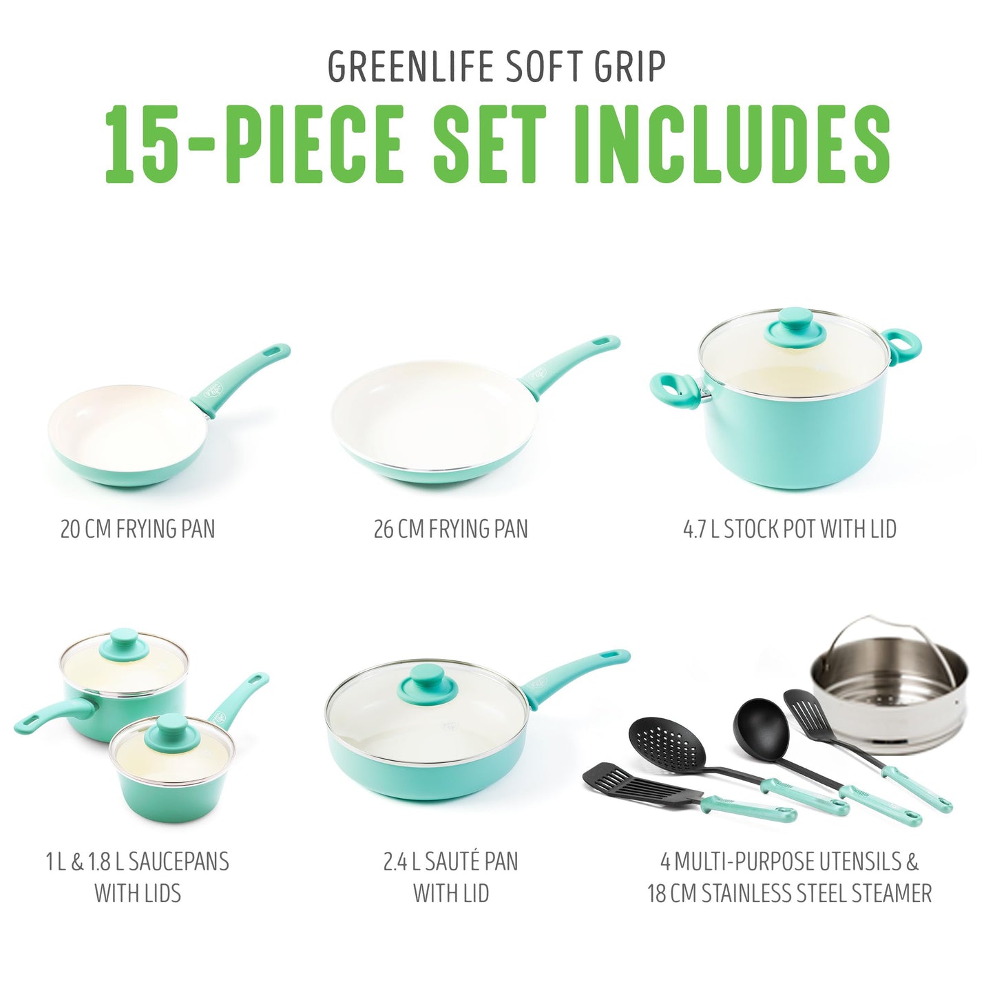 Soft Grip Healthy Ceramic Nonstick (15 Piece Cookware Set / Turquoise)