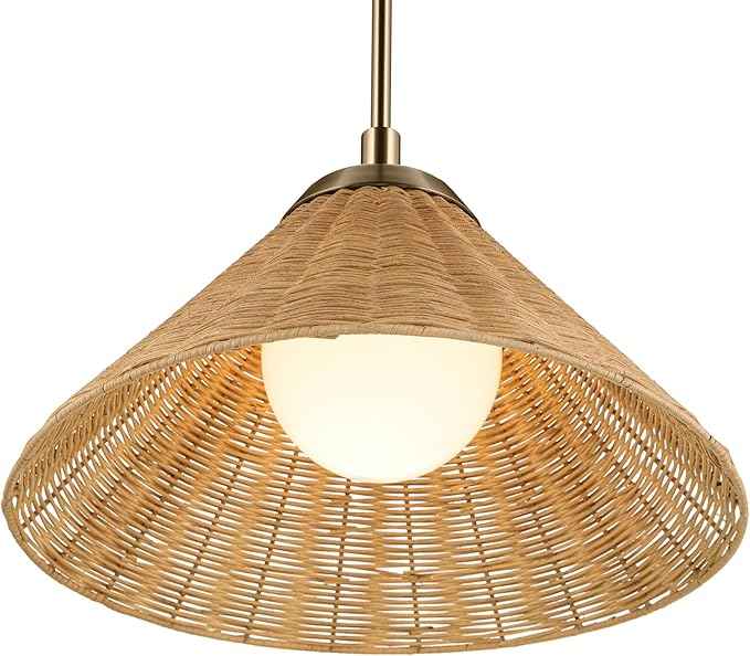 KICHLER Bekah 1-Light Convertible Pendant, Global Boho Light with Opal Glass and Handwoven Rattan Shade in Champagne Bronze, Sloped Ceiling Compatible, for Kitchen or Bedroom (10" x 18"), 52729CPZ