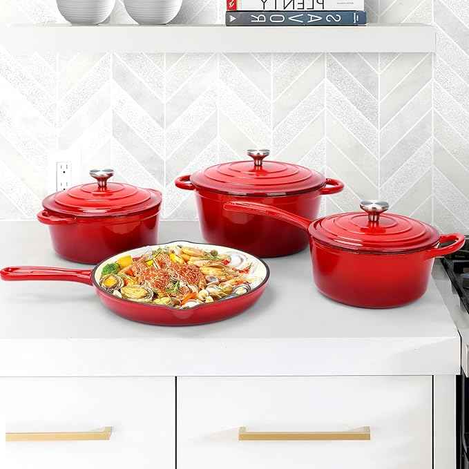 QuliMetal Nonstick Enameled Cast Iron Cookware Set, 7-Pcs Pots and Pans with Lids, Frying Pan Skillet, Sauce Pan, Healthy Round Dutch Oven Pot for Sourdough Bread Baking on All Stovetops, Rouge Red