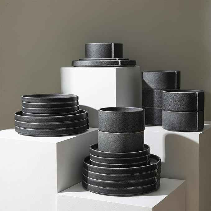 Stone Lain Bao Charcoal 24-Piece Stoneware Dinnerware Set – Service for 8, Round Dinner, Salad & Cereal Plates – Modern Textured Tableware for Everyday Dining & Entertaining