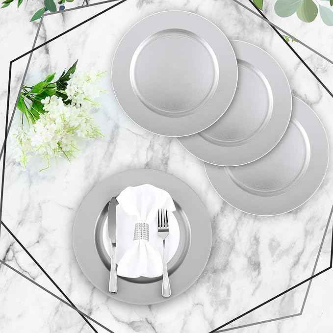 Tanlade 50 Pcs 13 Inch Charger Plates Bulk Round Wedding Chargers Plastic Dinner Plates for Table Setting Wedding Party Decoration (Silver White)
