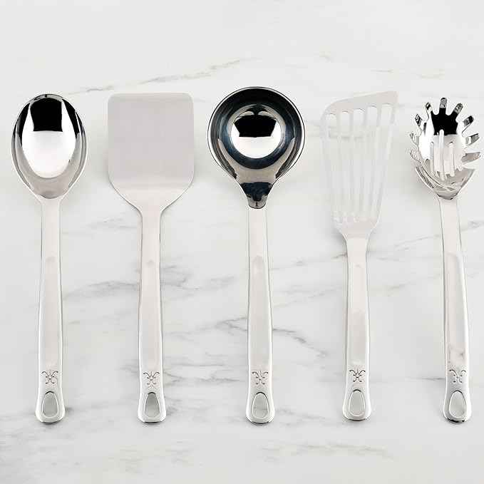Hestan Provisions Chef's Tools, Essential Set (5-Piece), Stainless Steel Solid Spoon, Ladle, Pasta Fork, Turner/Spatula, Fish Spatula