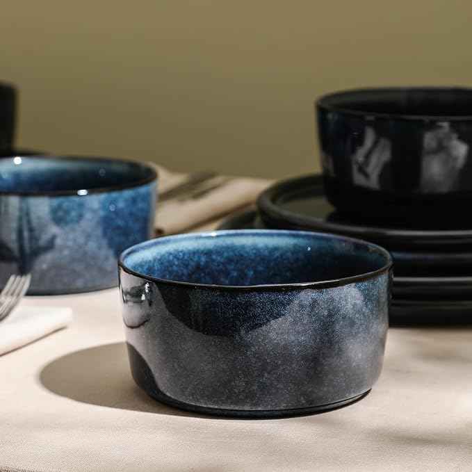 Stone Lain Eden 24-Piece Dinnerware Set Stoneware, Plates and Bowls Set, Dishwasher and Microwave Safe Dish, Dish Set for 8, Dark Blue