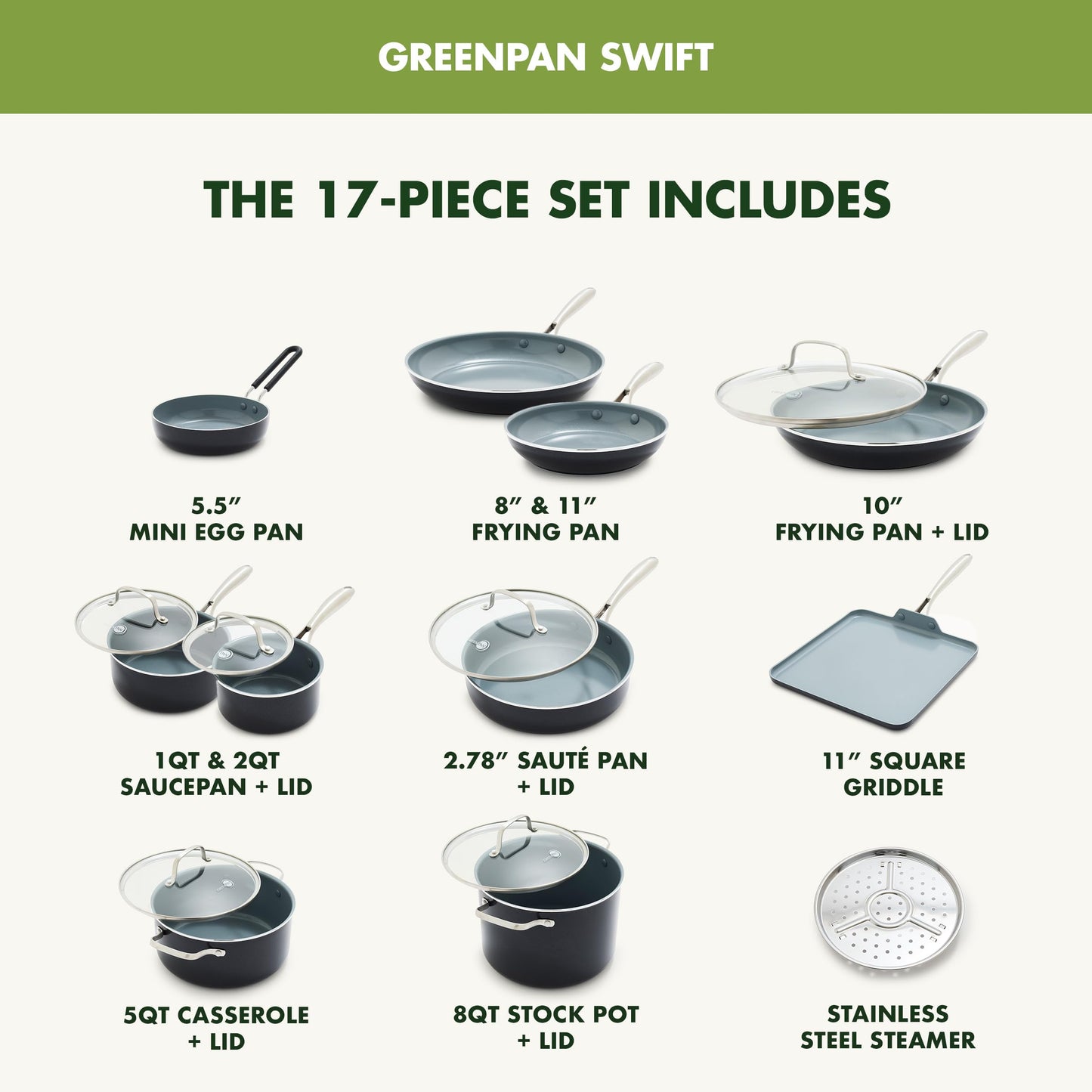 17 Piece Nonstick Swift Cookware Set (17pc Pots & Pans Set / Gray)