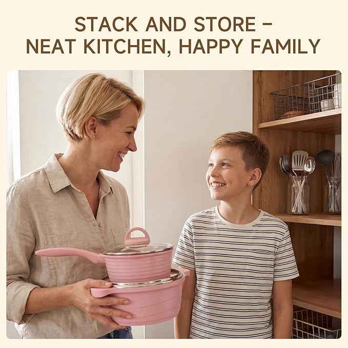 JEETEE Pink Pots and Pans Set Nonstick 23pcs, Healthy Kitchen Cookware Sets, Induction Cooking Set Pink Frying Pans, Saucepans, Sauté & Griddle & Crepe Pan (PFOA Free)