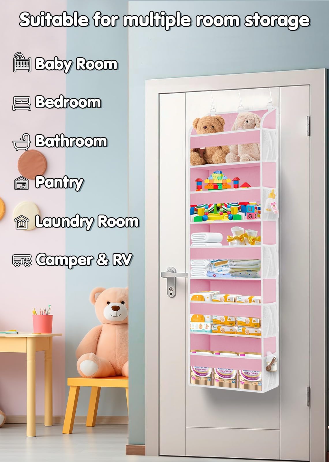 2 Pack Over the Door Storage Organizer with 5 Large Pockets (2 Pack / Pink)
