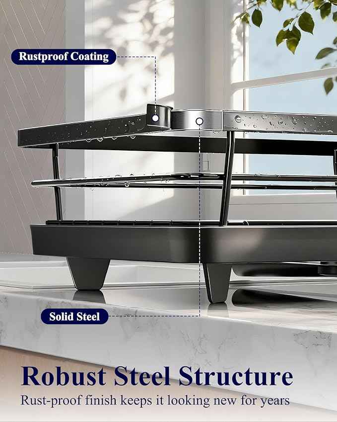 Kitsure Dish Drying Rack for Kitchen Counter, Stainless Steel Sink Organization and Storage Essentials with Cutlery Holder, Home and Appartment Decor, 12''W x 15.5''L, Black