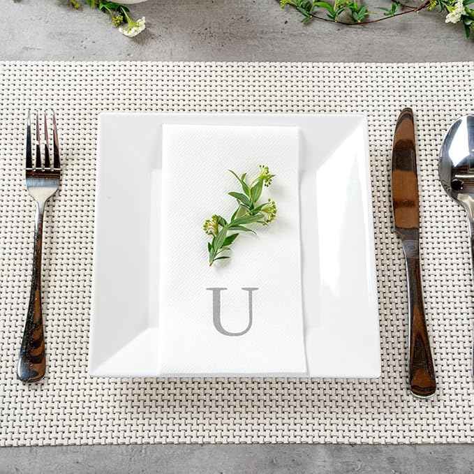 Luxenap 15.8 X 7.9 Inch Linen-Feel Guest Towels, 2000 Lettered Hand Towels - Silver Letter 'U', Sans Serif Font, White Paper Dinner Napkins, airlaid, For Restrooms And Tables - Restaurantware