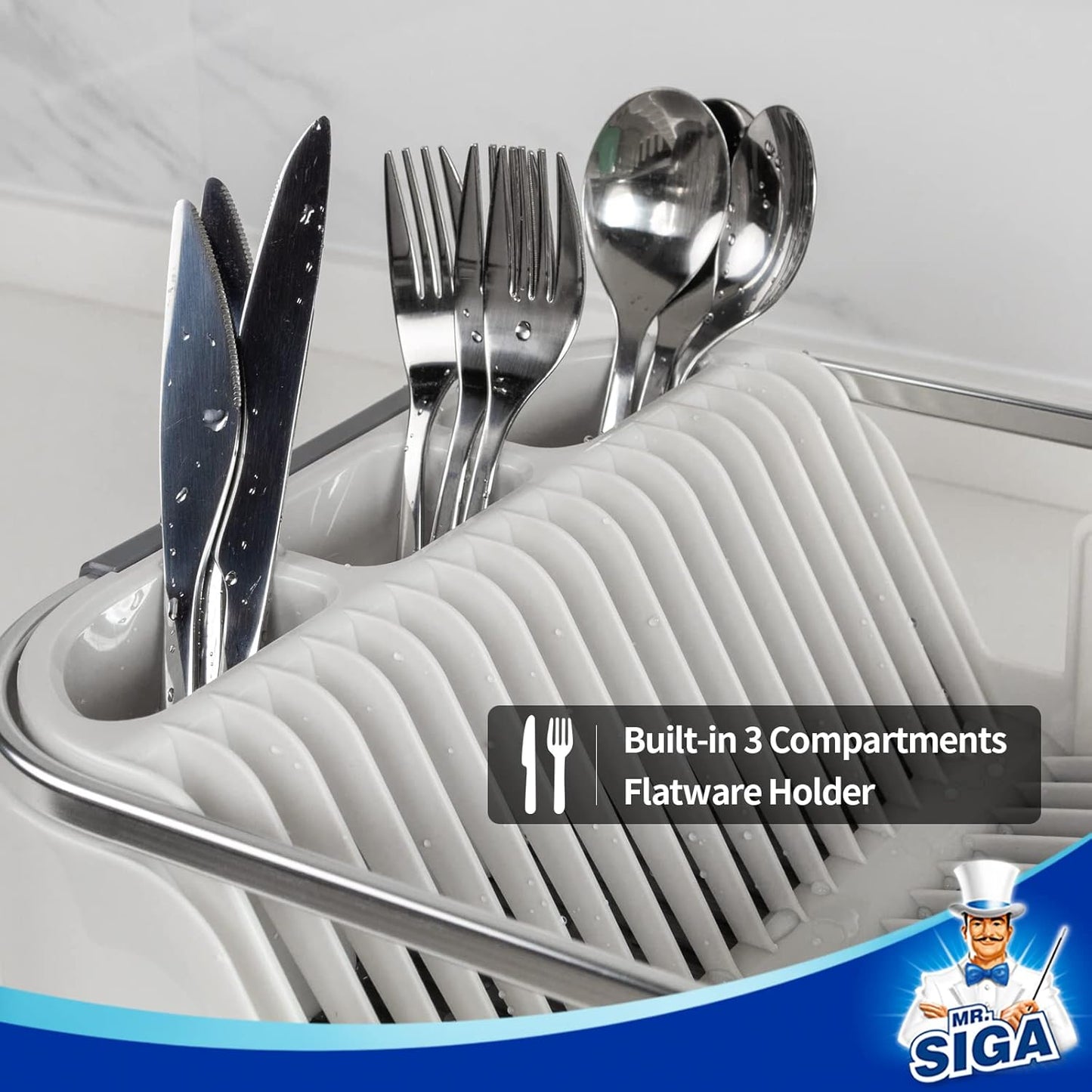 MR.SIGA Dish Drying Rack for Kitchen Counter, Compact Dish Drainer with Drainboard, Utensil Holder and Cup Rack, Plastic Kitchen Drying Rack for Dishes, Cups, Knives, Spoons and Forks, White