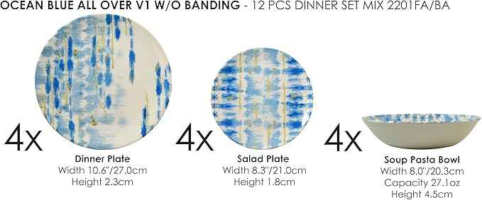 Tudor Royal 12-Piece Round Porcelain Dinnerware Set, Service for 4 - Ocean Blue Design, Plates Bowls Dishes, Premium Quality Tableware, Unique Pattern, Glossy
