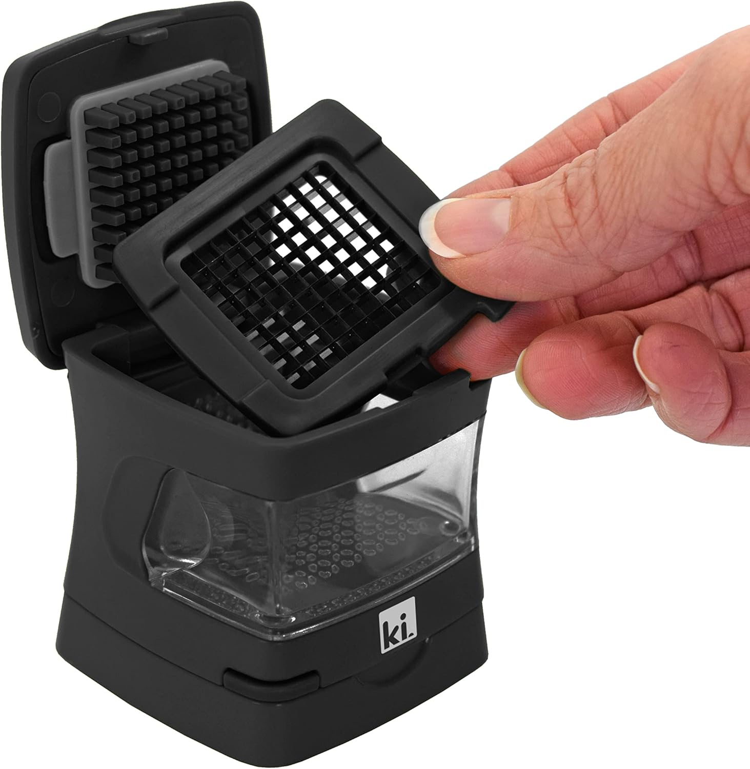 Garlic-A-Peel Garlic Press, Crusher, Cutter, Mincer, and Storage Container - Includes Silicone Garlic Peeler - Easy to Clean - Stainless Steel Blades – (Black), standard - HomeSpice