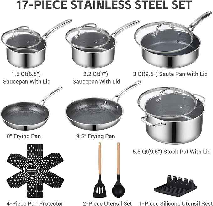 Ammeloo 17 Pcs Nonstick Stainless Steel Cookware Set, Hybrid Stainless Steel Pots and Pans Set Non Stick, Non Toxic Kitchen Cookware Sets, Dishwasher & Oven Safe, Induction & All Cooktop Compatible