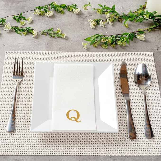 Luxenap 15.8 X 7.9 Inch Linen-Feel Guest Towels, 50 Lettered Hand Towels - Gold Letter 'Q', Sans Serif Font, White Paper Dinner Napkins, airlaid, For Restrooms And Tables