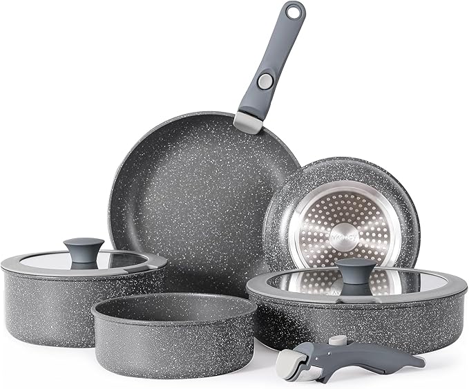 Vkoocy Non Stick Pot and Pan Set with Removable Handle, Ceramic Cookware Set Detachable Handle, Induction Kitchen Camping Stackable Pots Pans, Dishwasher/Oven Safe, Grey