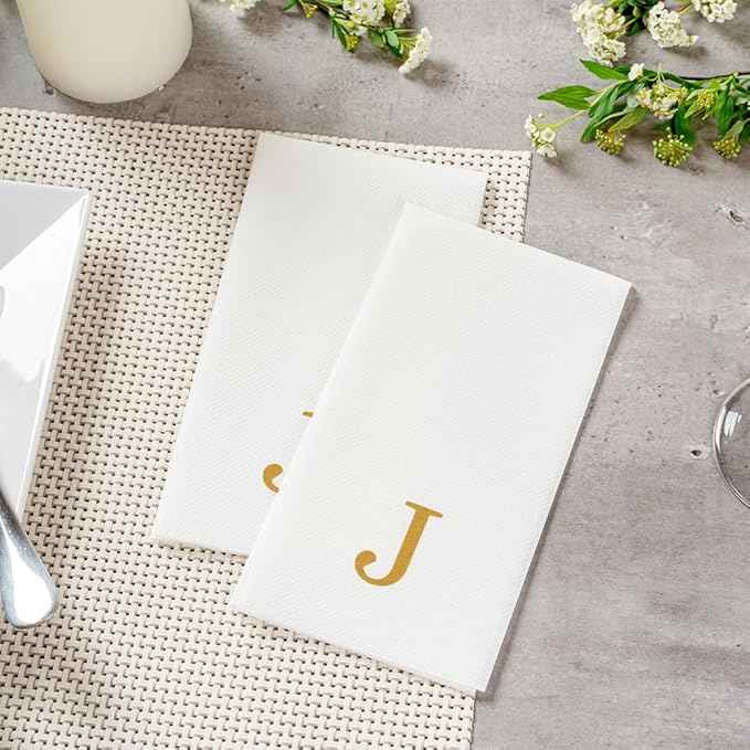 Luxenap 15.8 X 7.9 Inch Linen-Feel Guest Towels, 2000 Lettered Hand Towels - Gold Letter 'J', Sans Serif Font, White Paper Dinner Napkins, airlaid, For Restrooms And Tables