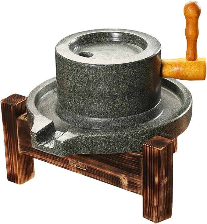 Handmade Stone Mill Grinder with Wooden Stand - Easy to Clean, Perfect for Grinding Wheat, Rice, Almonds - 30cm Tradital Kitchen Tool for Cooking and ing