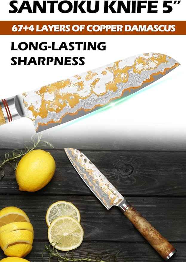 YOUSUNLONG Santoku Knife 5 Inch - Handmade Japanese Chef's Knife Copper Damascus Steel Blade - Ultra Sharp Asian Knife - Natural Walnut Wooden Handle with Acacia Wood Box