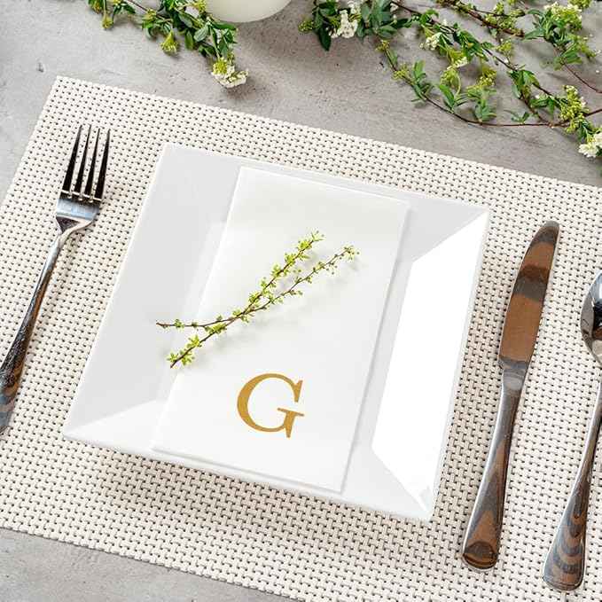 Luxenap 15.8 X 7.9 Inch Linen-Feel Guest Towels, 50 Lettered Hand Towels - Gold Letter 'G', Sans Serif Font, White Paper Dinner Napkins, airlaid, For Restrooms And Tables - Restaurantware