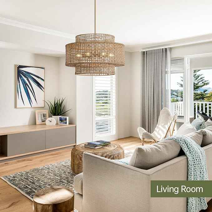 24” Rattan Chandelier for Dining Room, Large Boho 6-Light Rustic Chandeliers Light Fixture with Wicker Shade, Hand Woven Farmhouse Pendant Lighting for Kitchen Bedroom, Living Room, Foyer