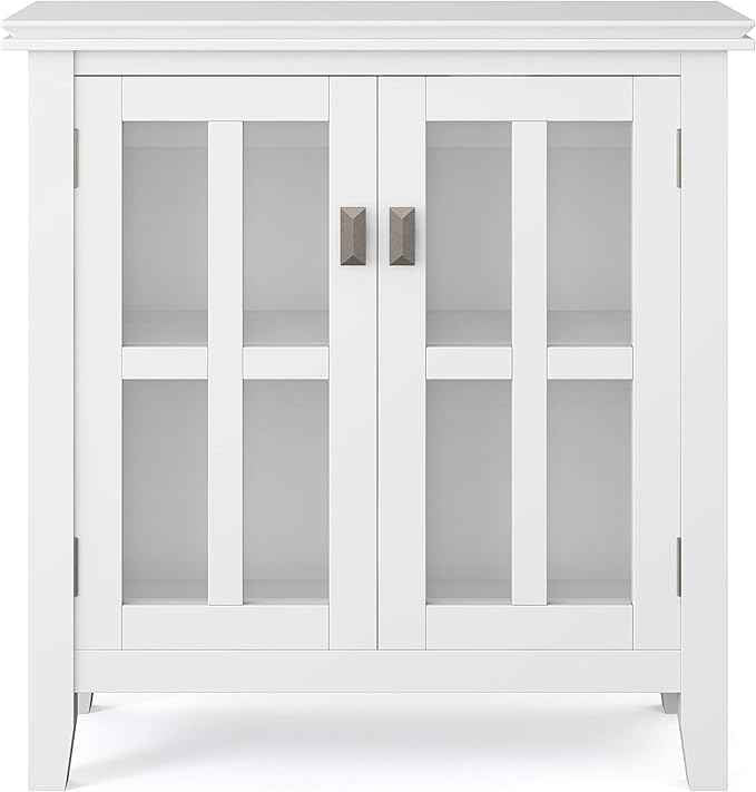 SIMPLIHOME Artisan Storage Cabinet - 30 inch Wide Solid Wood Low Storage Cabinet in White, Contemporary Accent Cabinet for Living Room or Dining Room with Glass Doors and Adjustable Shelves