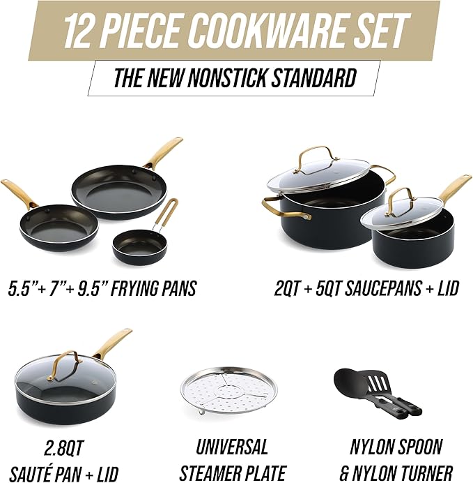Blue Diamond Gold 12 Piece Cookware Set, PFAS-Free Ceramic Nonstick Pots & Pans, Induction Ready for All Cooktops, Kitchen Serving Utensils, Dishwasher Safe, Black