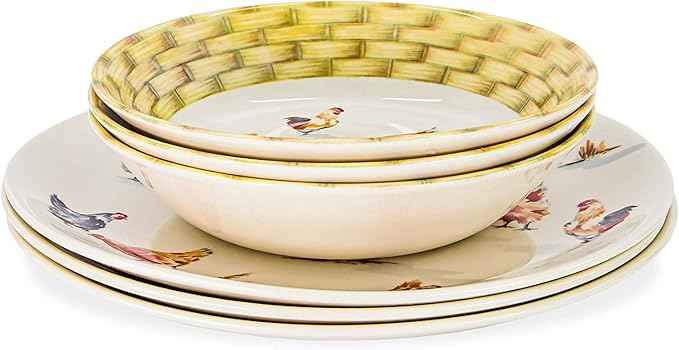 Tudor 16-Piece Premium Quality Round Porcelain Dinnerware Set, Service for 4 - Country Farmyard, See 10 Designs INSIDE!