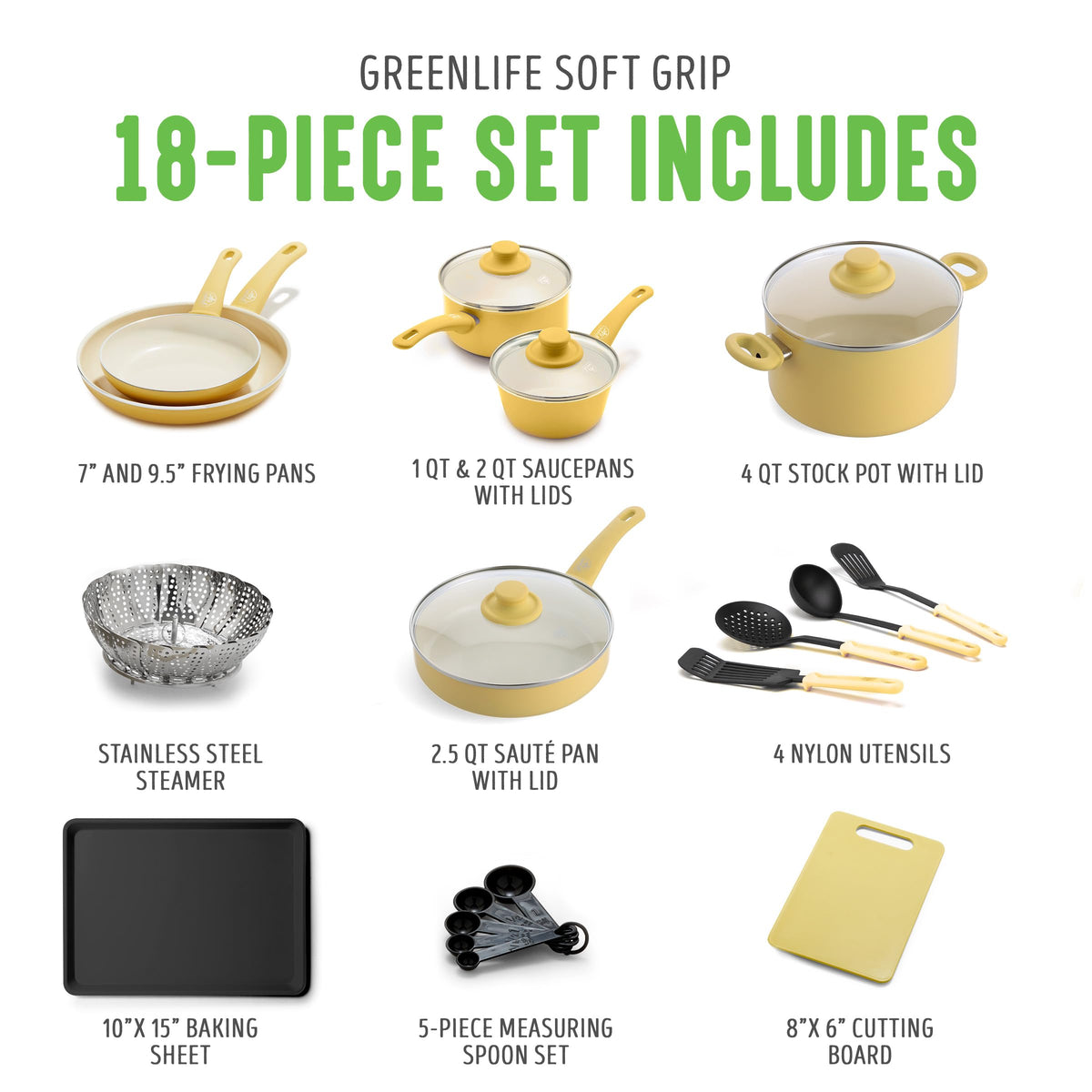 Soft Grip Healthy Ceramic Nonstick 18 Piece Kitchen Cookware Pots and Frying Sauce Saute Pans Set (18 Piece Cookware Set / Yellow)