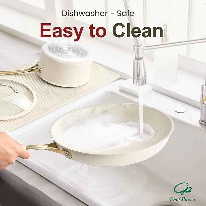 Chef Power Ceramic Cookware Sets, 10Pcs Pots and Pans Set Non Stick, Cookware Set with Stainless Steel Handle, Dishwasher & Oven Safe, Cream White and Light Gold Handle