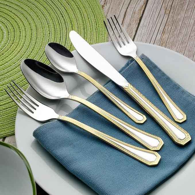 HOMEHUT 97-Piece Gold Dinnerware Set with 18/10 Premium Stainless Steel Silverware Flatware - Greek Key Gold HQ Fine China Tableware Service for 8 People