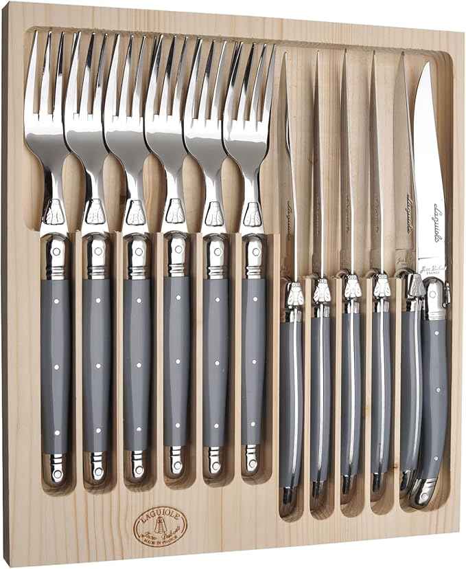 Jean Dubost Laguiole 12-Piece Flatware Set, Gray Handles - Rust-Resistant Stainless Steel - Includes Wooden Tray - Made in France
