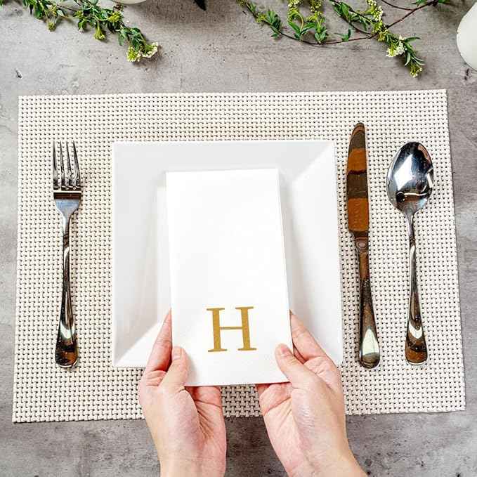 Luxenap 15.8 X 7.9 Inch Linen-Feel Guest Towels, 2000 Lettered Hand Towels - Gold Letter 'H', Sans Serif Font, White Paper Dinner Napkins, airlaid, For Restrooms And Tables - Restaurantware
