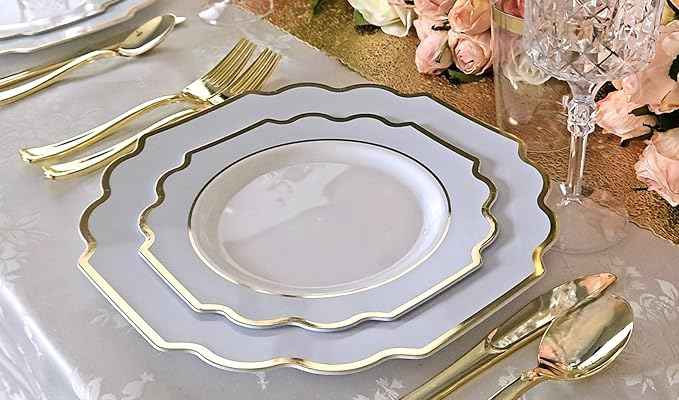 " OCCASIONS " 960 Piece set (120 Guests)-Heavyweight Wedding Party Disposable Plastic Plate Set - 120 x 10.5'' + 120 x 8'' + Silverware + Cups + Napkins (Imperial in White & Blue & Gold)