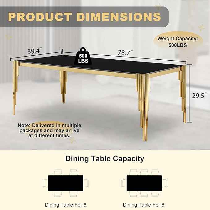 78'' Modern Glass Dining Table for 6-8 People,Black Tempered Glass Top Dining Room Table with Stainless Steel Base, Glass and Gold Dining Table for 6, Rectangle Dining Kitchen Table for Dinner