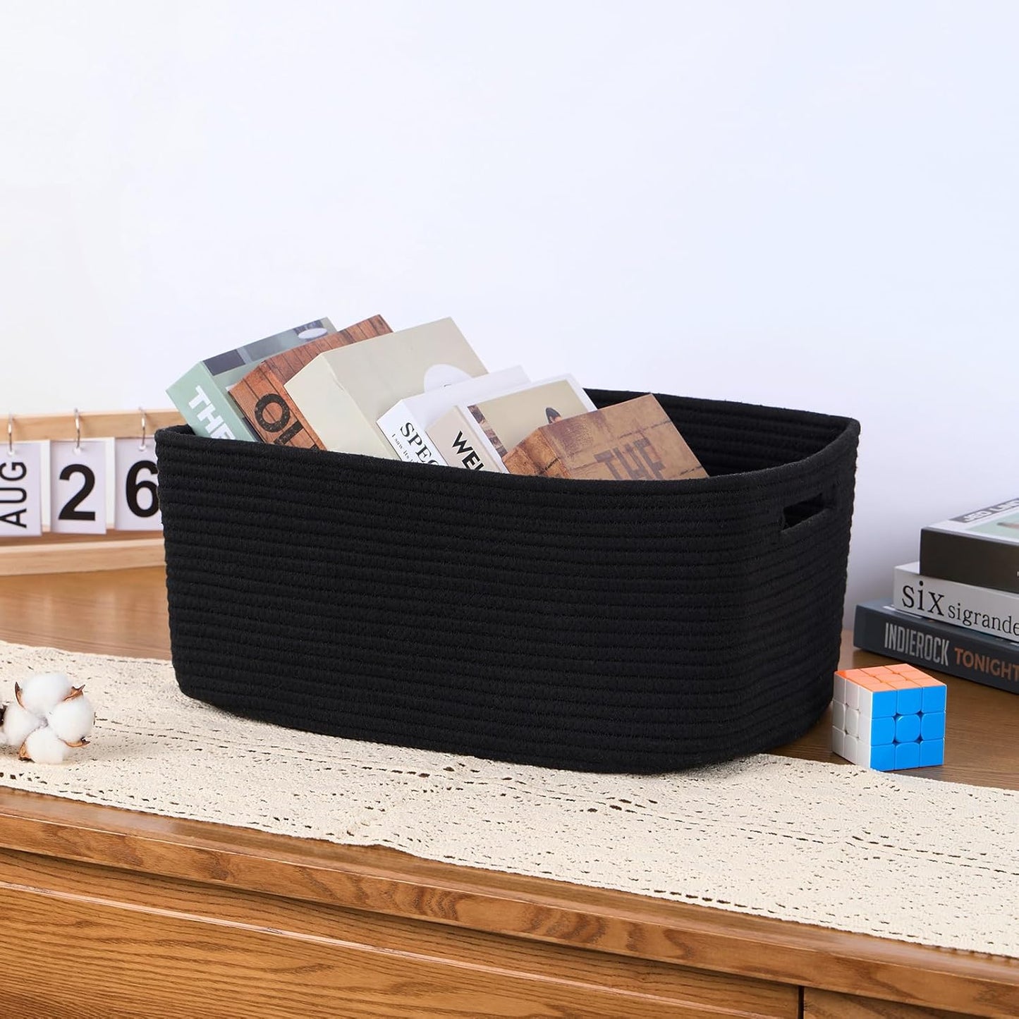 Large Storage Baskets for Organizing, Closet Shelf Baskets for Clothes Blanket Towels, Baby Nursery, Toy Bins Box, Woven Rope Baskets, 17 x 13 x 7.5”, 4 Packs Black