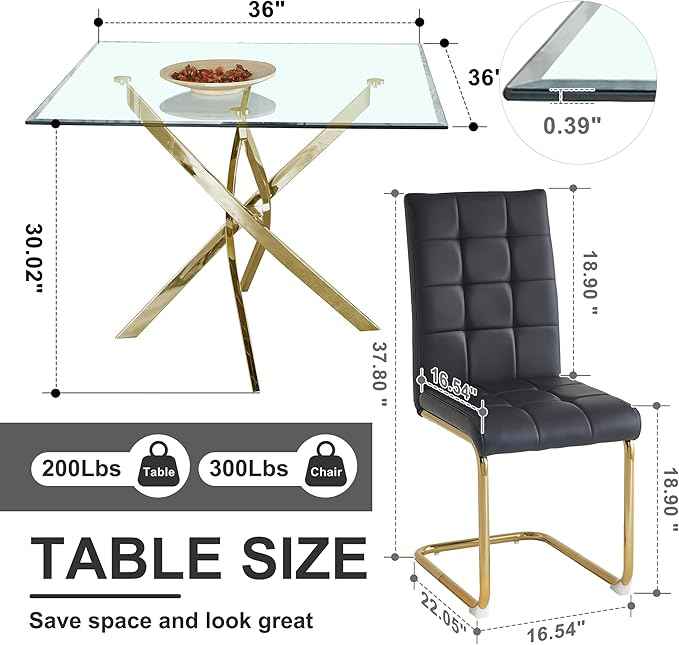 AF ARTISAN FURNITURE 5 Piece Square Glass Dining Table Set, Gold Glass Kitchen Table Set for 4 Modern Table Set with 4 Black PU Upholstered Dining Chairs, for Small Space, Breakfast Nook
