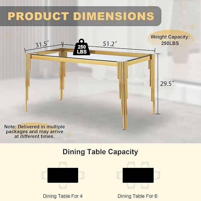 51'' Modern Glass Dining Table for 4 People,Tempered Glass Top Dining Room Table with Stainless Steel Base, Glass and Gold Dining Table for 4, Rectangle Dining Kitchen Table for Dinner