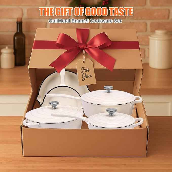 QuliMetal Nonstick Enameled Cast Iron Cookware Set, 5-Piece Pots and Pans Set with Lids, Skillet, Frying Pan, Saucepan & Dutch Oven for All Stovetops, PFOA Free, Ideal for Sourdough Bread Baking